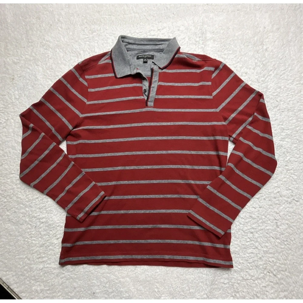 Banana Republic Men's Striped Polo Shirt Red Gray M Long Sleeve Collared Button